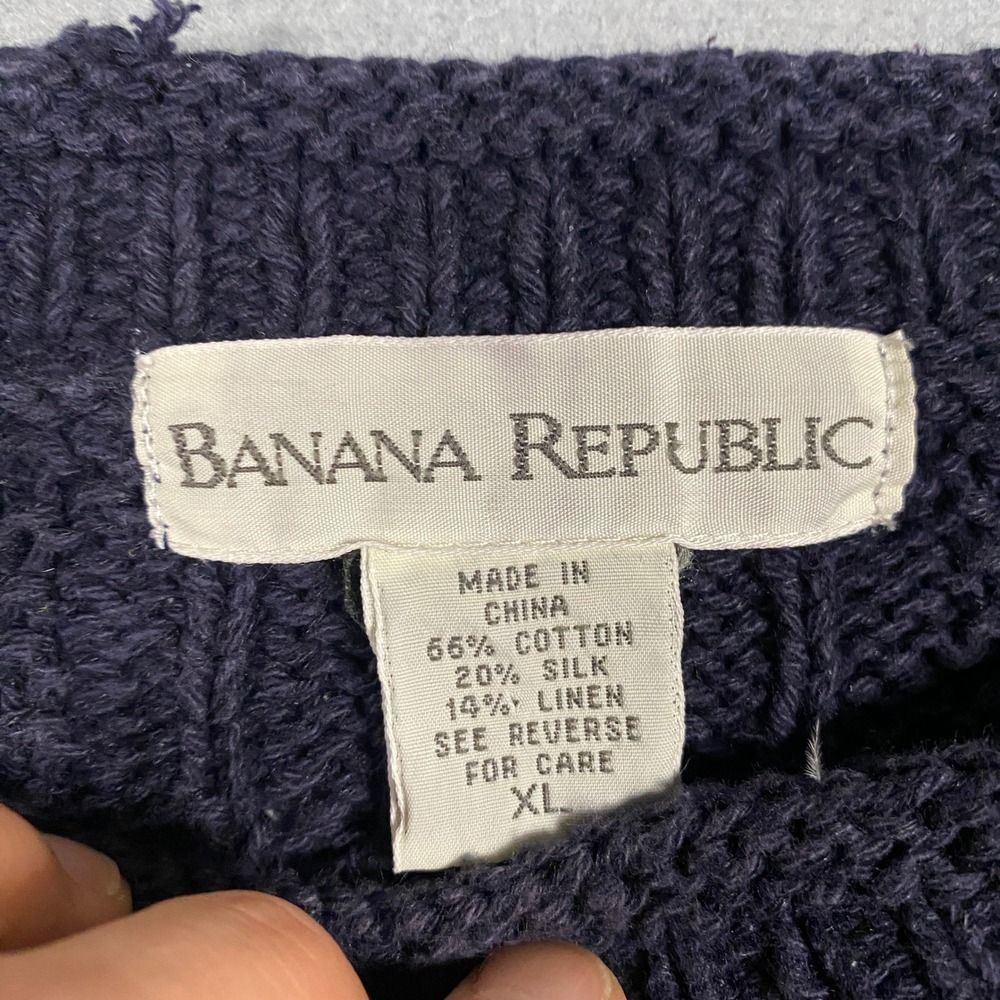 Banana Republic Sweater Mens XL Navy Blue Cotton Silk Linen Cable Knit Crewneck - Picture 3 of 5
